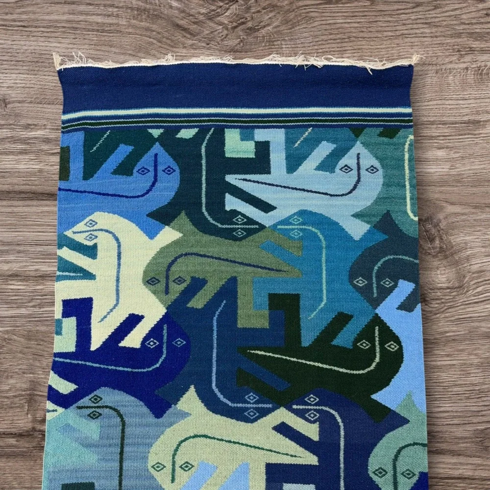 Vtg MC Escher Style Lizard Tessellation Handwoven Wool Tapestry Wall Art Blue